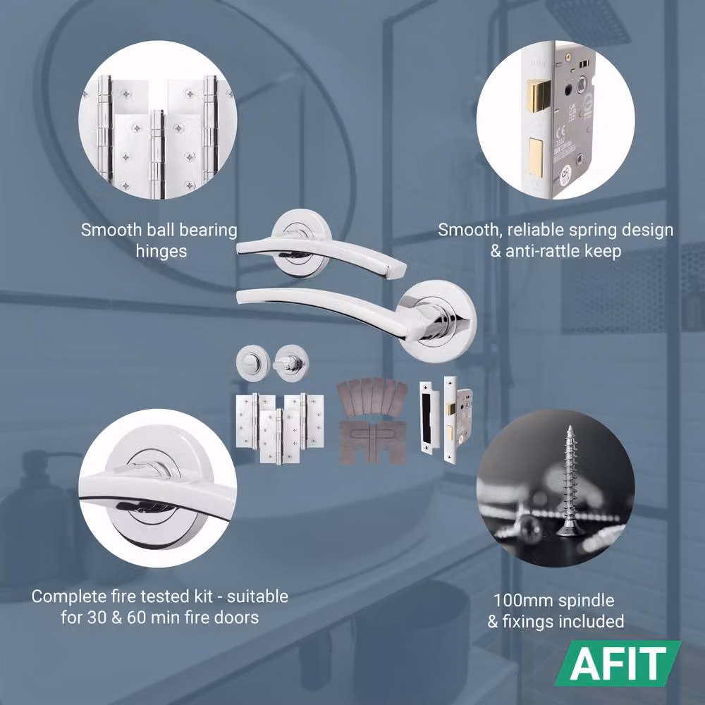 AFIT Polished Chrome Fire Door Handle and Bathroom Set with Hinges and Lock, 2 Pack, Silver – 2