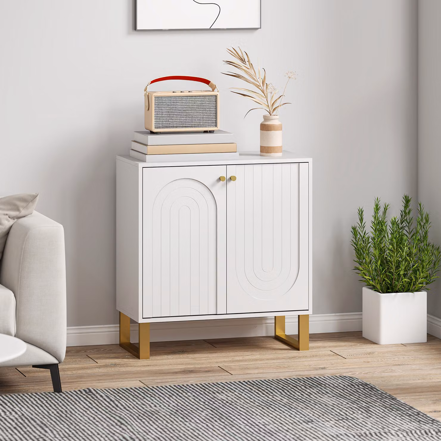 HOMCOM Modern 2-Door Sideboard Storage Cabinet in White and Gold – 2