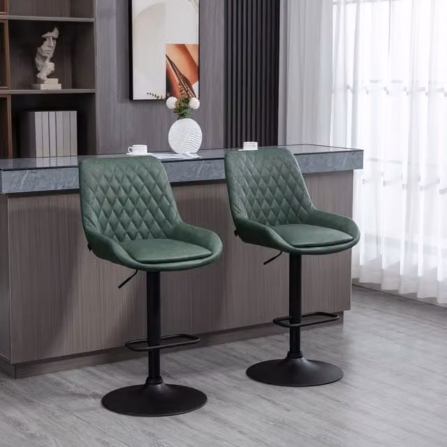 HOMCOM Set of 2 Retro Green Synthetic Leather Bar Stools with Swivel Seat and Metal Base – 8