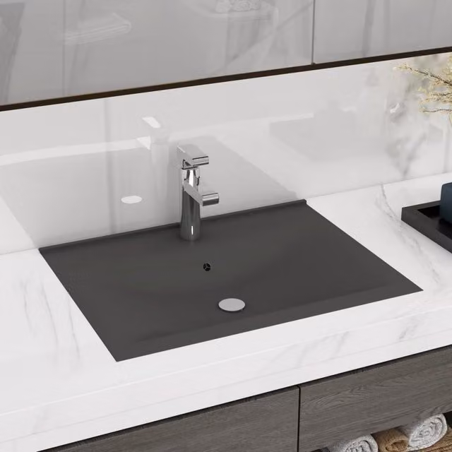 Berkfield Home Luxury Rectangular Ceramic Wall Hung Basin with Faucet Hole in Matt Dark Grey W: 60 cm, D: 46 cm, H: 16 cm – 1