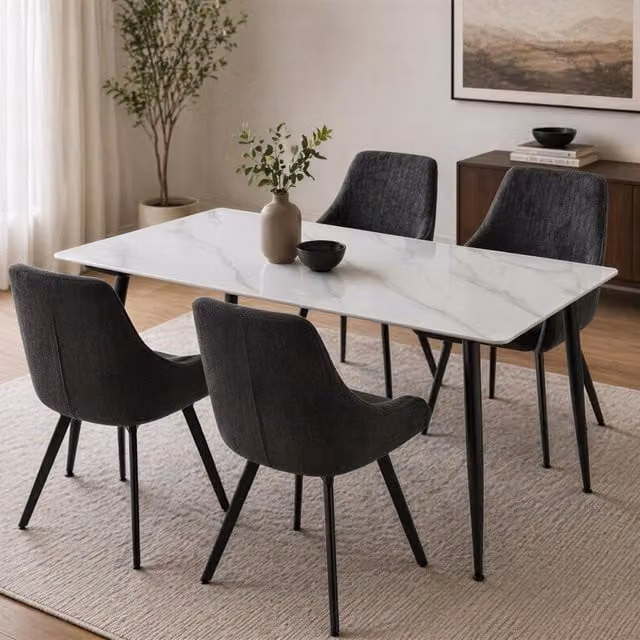 FWStyle 5 Piece Modern Dining Set with White Sintered Stone Rectangular Table and Black Swivel Chairs