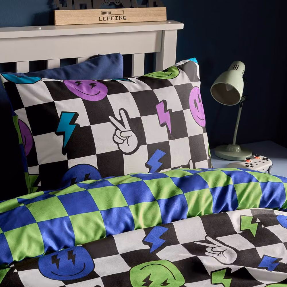 OHS Kids Checkerboard Reversible Bedding Set with Duvet Cover and Pillowcase, Multicolour, Double, W: 140 cm, L: 200 cm – 2