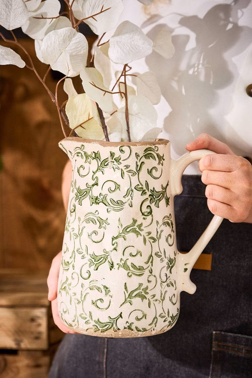 Dibor Vintage Irina Ceramic Floral Pitcher Jug in Green, Beige and Blue, H18 x W16 cm – 2