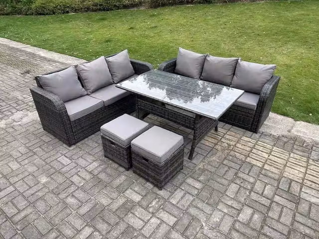 Fimous Rattan Garden Furniture Set in Dark Grey featuring 3 Seater Lounge Sofa, Rectangular Dining Table and 2 Stools for 8 People