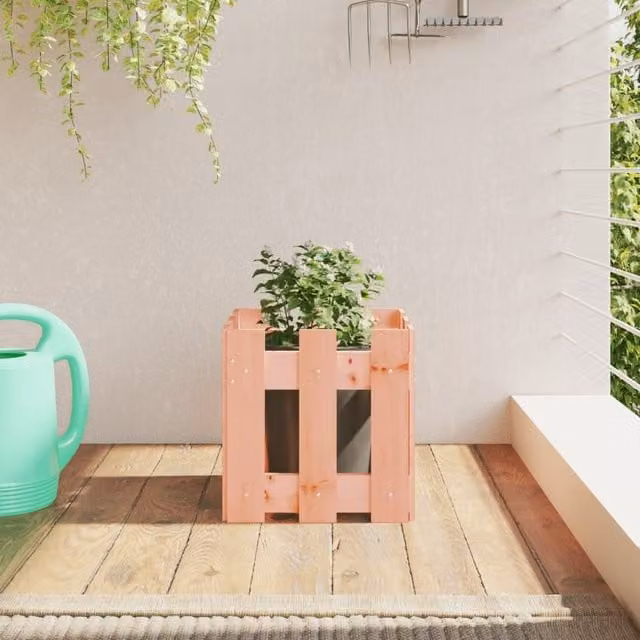 Berkfield Home Garden Planter with Fence Design in Brown, Solid Wood and Plastic, W/D/H: 30 x 30 x 30 cm