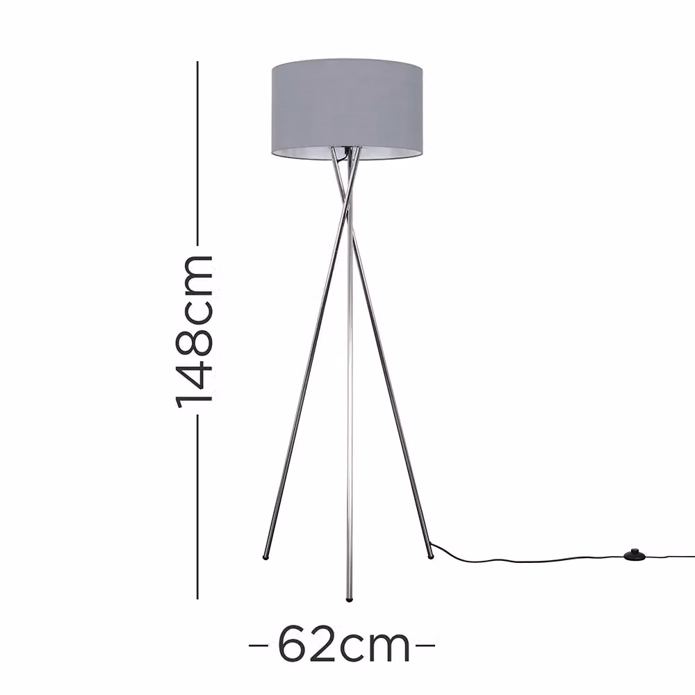 ValueLights Camden Modern Polished Chrome Metal Tripod Floor Lamp with Grey Fabric Cylinder Shade, H 154 cm x W 57 cm x D 57 cm – 3