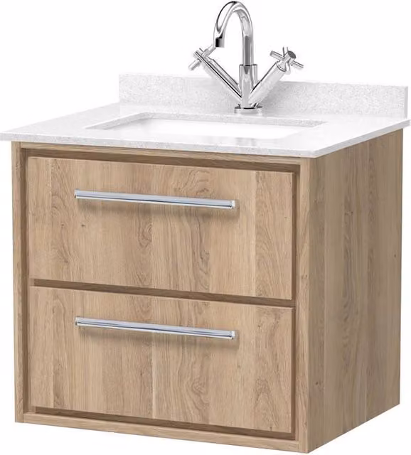 Balterley Longnor 2 Drawer Unit with Square Basin and Marble in Light Oak and Brown, Width: 60 cm