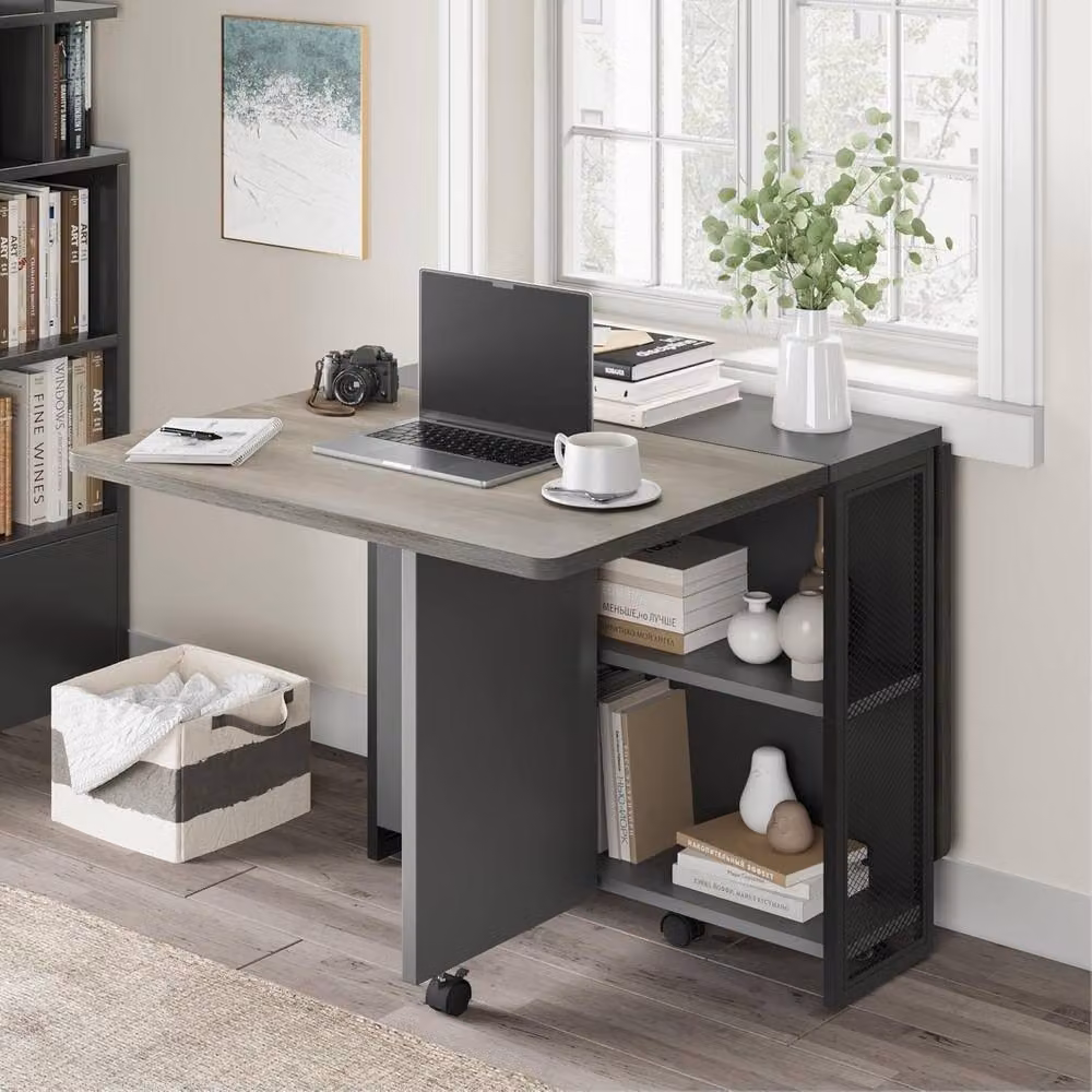 London Boutique Grey and White Mobile Drop Leaf Dining Table with Shelves and Castors – 4