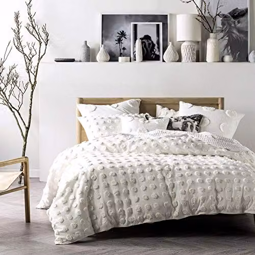 Linen House Haze Tufted Polka Dot Cotton Duvet Cover and Pillowcase Set, White, W/D/H: 140 x 200 cm and 50 x 75 cm