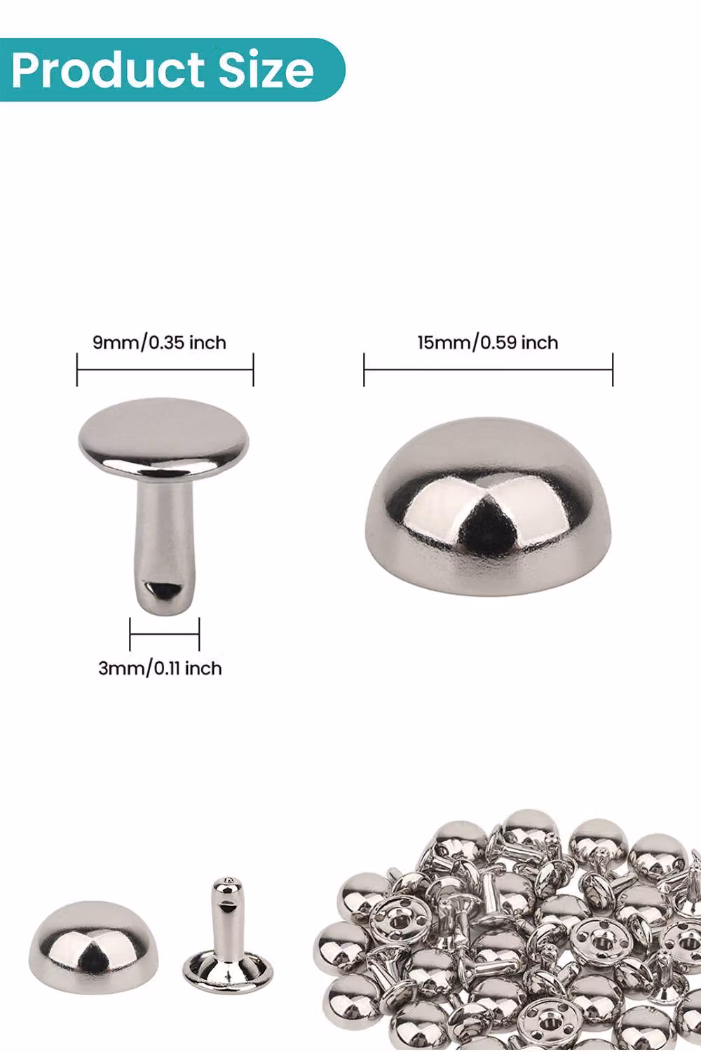 Neel Blue 15mm Dome Shaped Bag Feet Rivets with 9mm Round Studs, 25 Pieces in Silver – 2