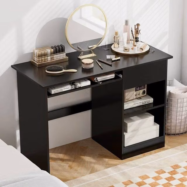 EONLION Modern Black Wooden Computer Desk with Grommet and Keyboard Tray