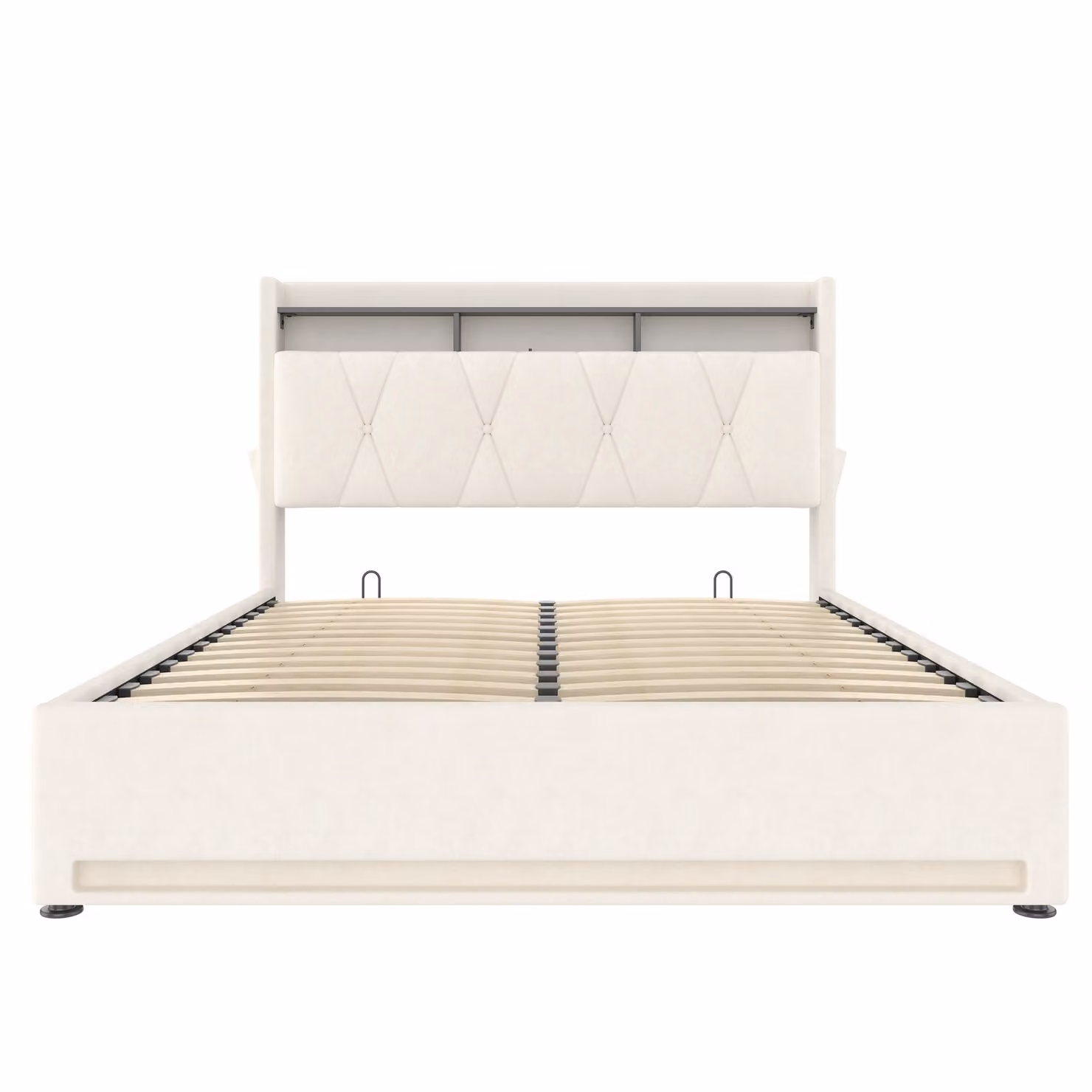 Aosom UK Beige Upholstered Hydraulic Platform Bed with Headboard Shelf and USB Charging Port, H 116.5 x W 221 x D 158 cm – 2