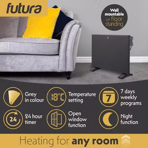 Futura 1000W Grey Electric Radiator Set of 2 with Advanced Thermostat Control and Setback Timer – 3