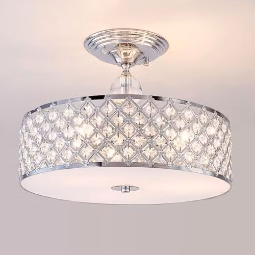Harper Living Modern Semi Flush Mount Ceiling Light, 3-Light Crystal Drum Chandelier in Polished Chrome