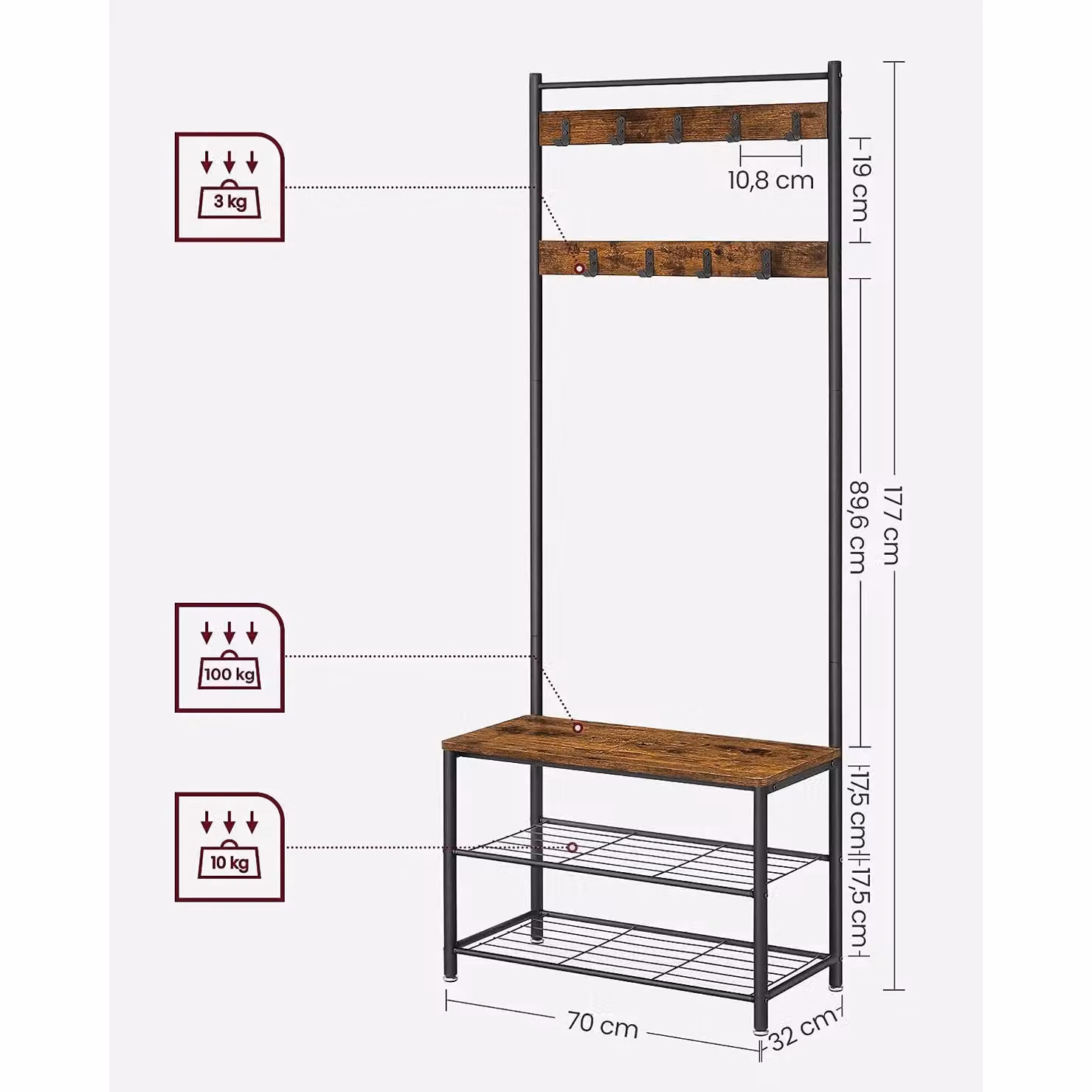VASAGLE Industrial Hallway Coat Rack with Bench and Shoe Rack, Metal Frame, Dark Brown – 3