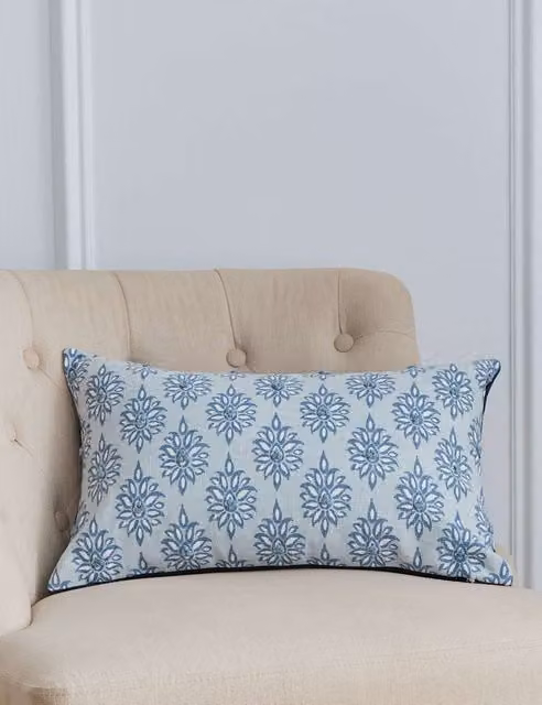 Laura Ashley Gower Floral Rectangular Cotton Cushion in Light Blue