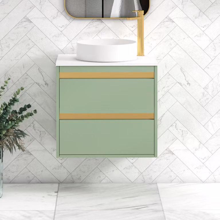 Royal Bathrooms Orion 600mm Mint Sage Wall Hung Vanity Unit with 2 Drawers, White Art Basin and Brushed Brass Accent Trim