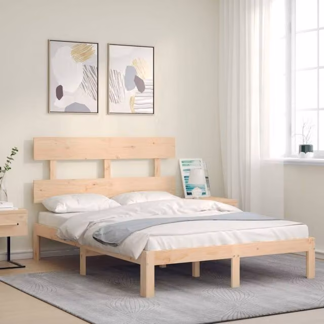 Berkfield Home Beautiful Bed Frame with Headboard in Natural Solid Pine, W/D/H: 190 x 140 x 81 cm – 1
