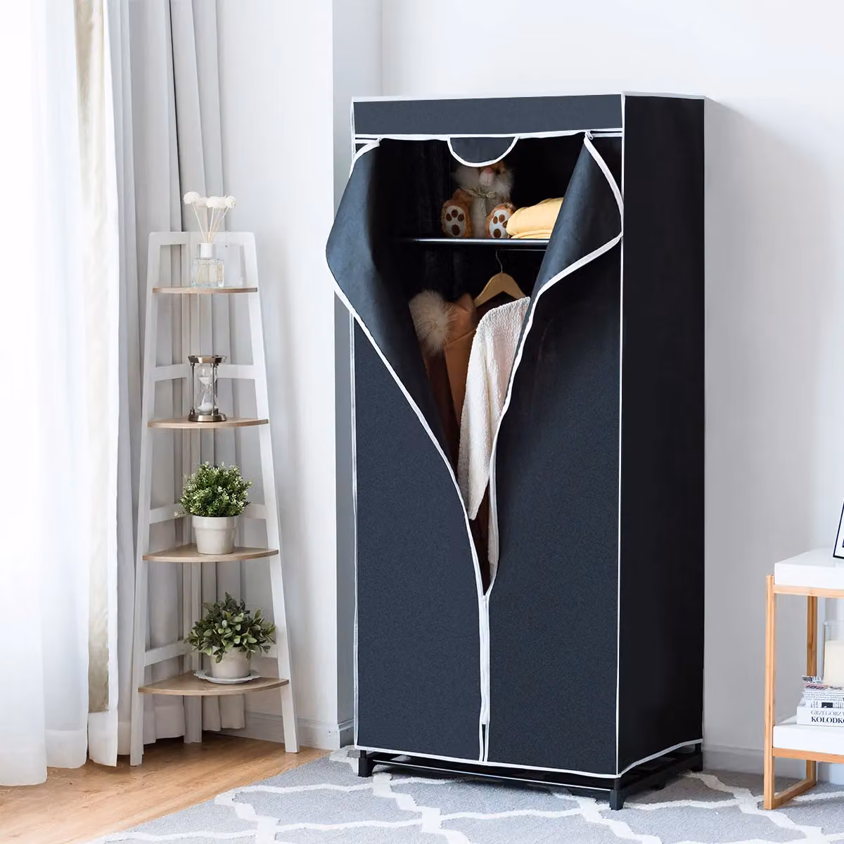 Costway Single Fabric Folding Wardrobe with Hanging Rail and Zippers in Black – 6