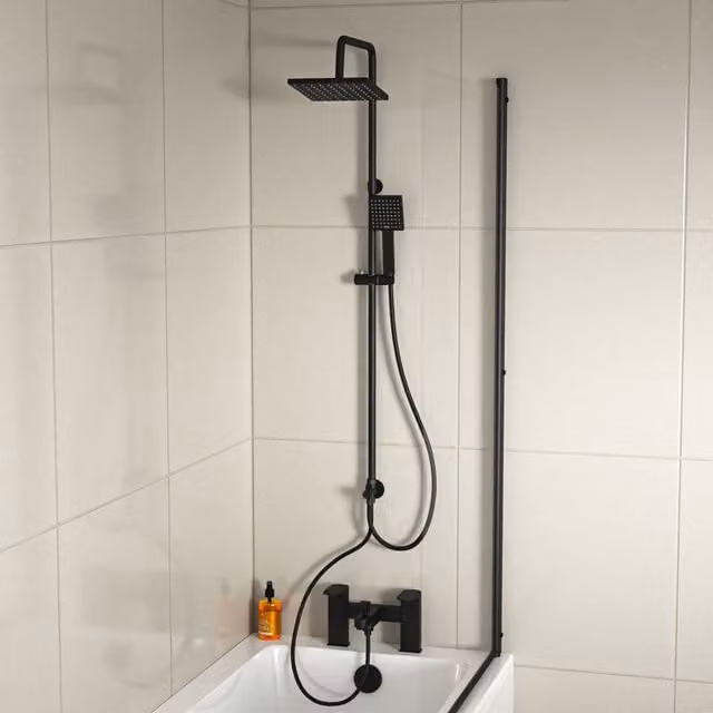 Nes Home Square Shower Mixer with Bath Tap, Handset and Riser Rail Kit in Matte Black