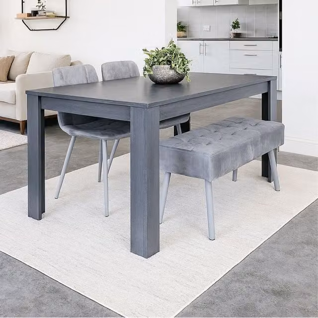 KOSY KOALA Modern Dining Table Set with 2 Grey Velvet Chairs and 1 Grey Bench in Brown
