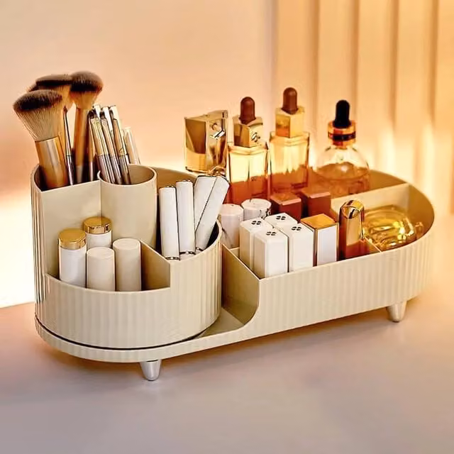 VOGREX 360 Rotating Makeup Organiser and Cosmetic Brush and Lipstick Storage Box in Beige