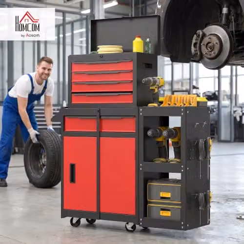 HOMCOM Modular Steel Tool Cabinet on Wheels with Side Rack and Pegboard, Red and Black, W: 80.0 cm, D: 28.0 cm, H: 63.0 cm – 2