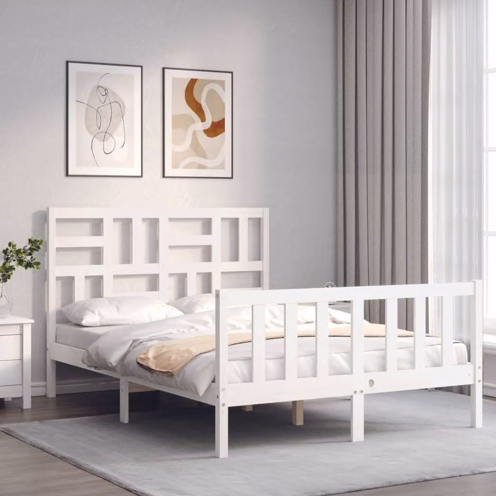 Berkfield Home Solid Wood Bed Frame with Headboard in White, W/D/H: 140 x 200 cm – 2