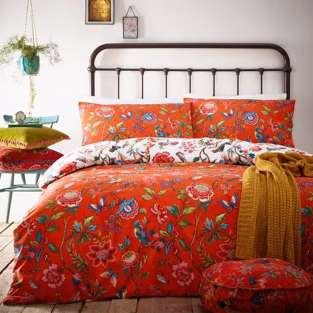 Tropical Floral Duvet Cover and Pillowcase Set in Orange and White, W/D/H: 90 x 200 cm and 50 x 75 cm