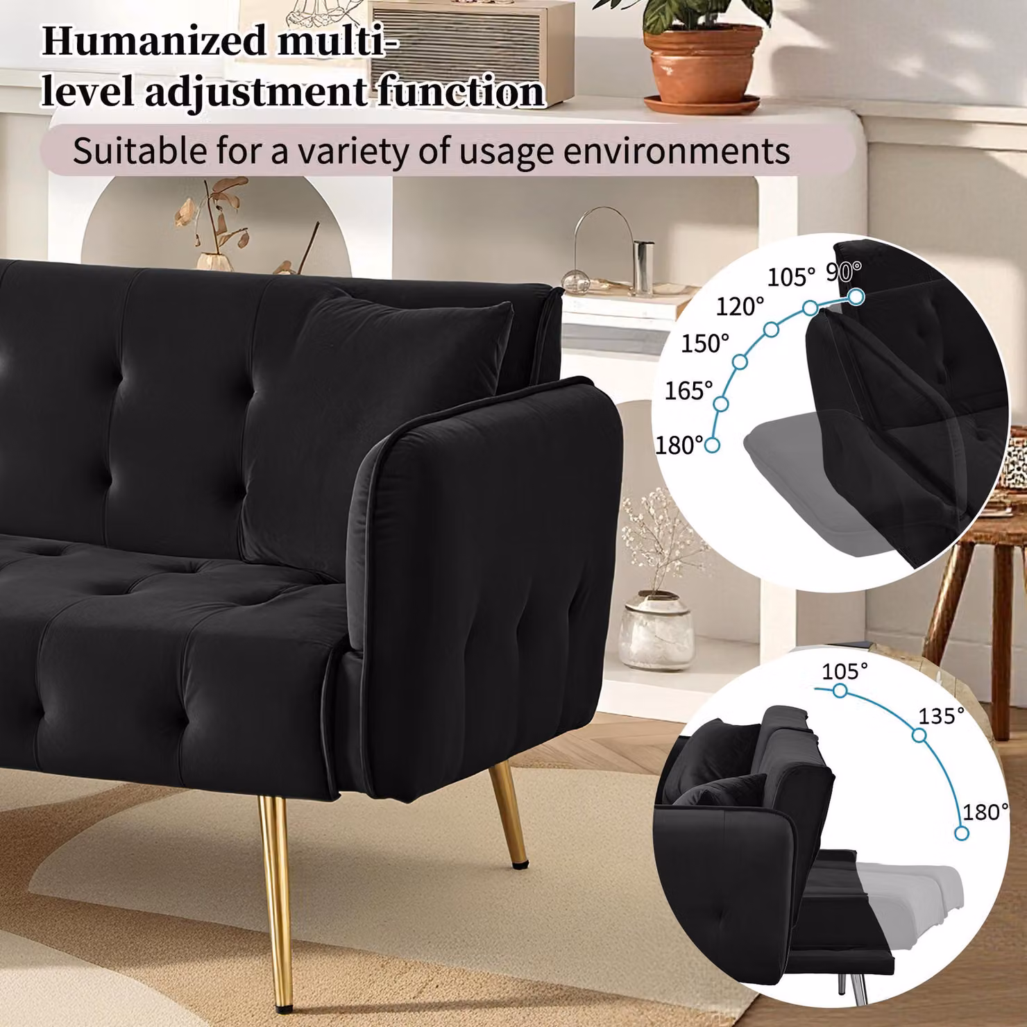 Aosom UK Black Velvet 2-Seater Click-Clack Sofa Bed with Gold Accents, W/D/H: 178 x 82 x 70 cm – 4