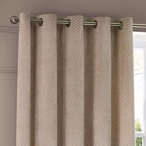Paoletti Neptune Eyelet Curtain Pair in Champagne Velvet with Geometric Design, W: 168 cm, H: 137 cm – 2