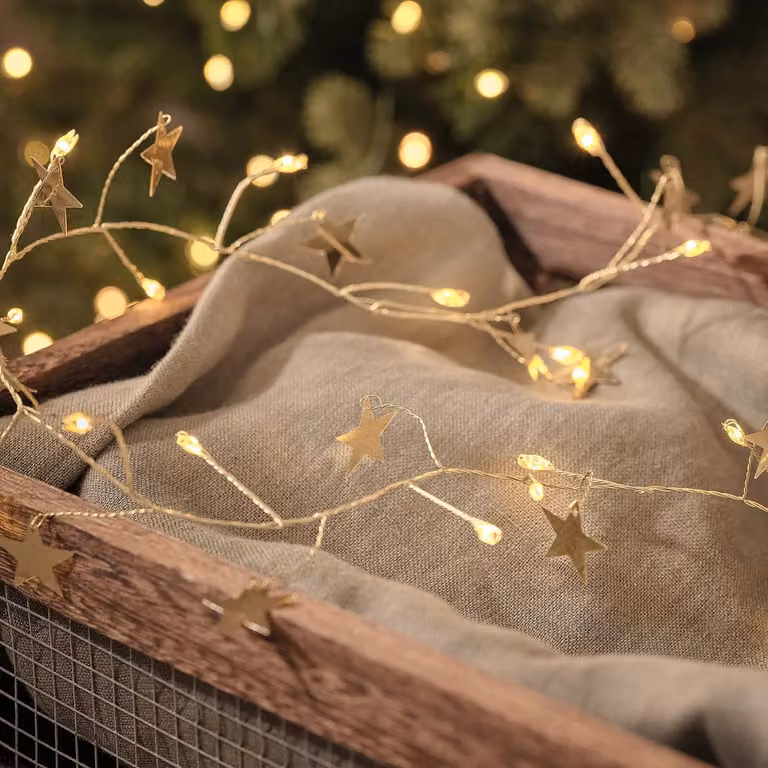 Lights4fun Gold Star Cluster LED Micro Light Garland with Warm White Lights and Timer