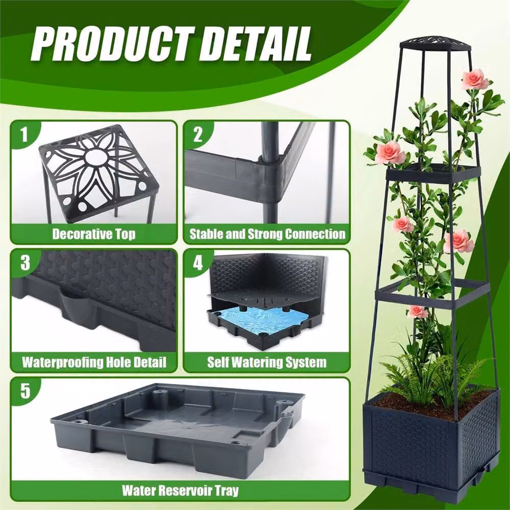 Nordara Grey Obelisk Planter and Pot Set for Indoor or Outdoor Climber Plants, H: 114 cm, W: 28 cm, D: 28 cm – 4