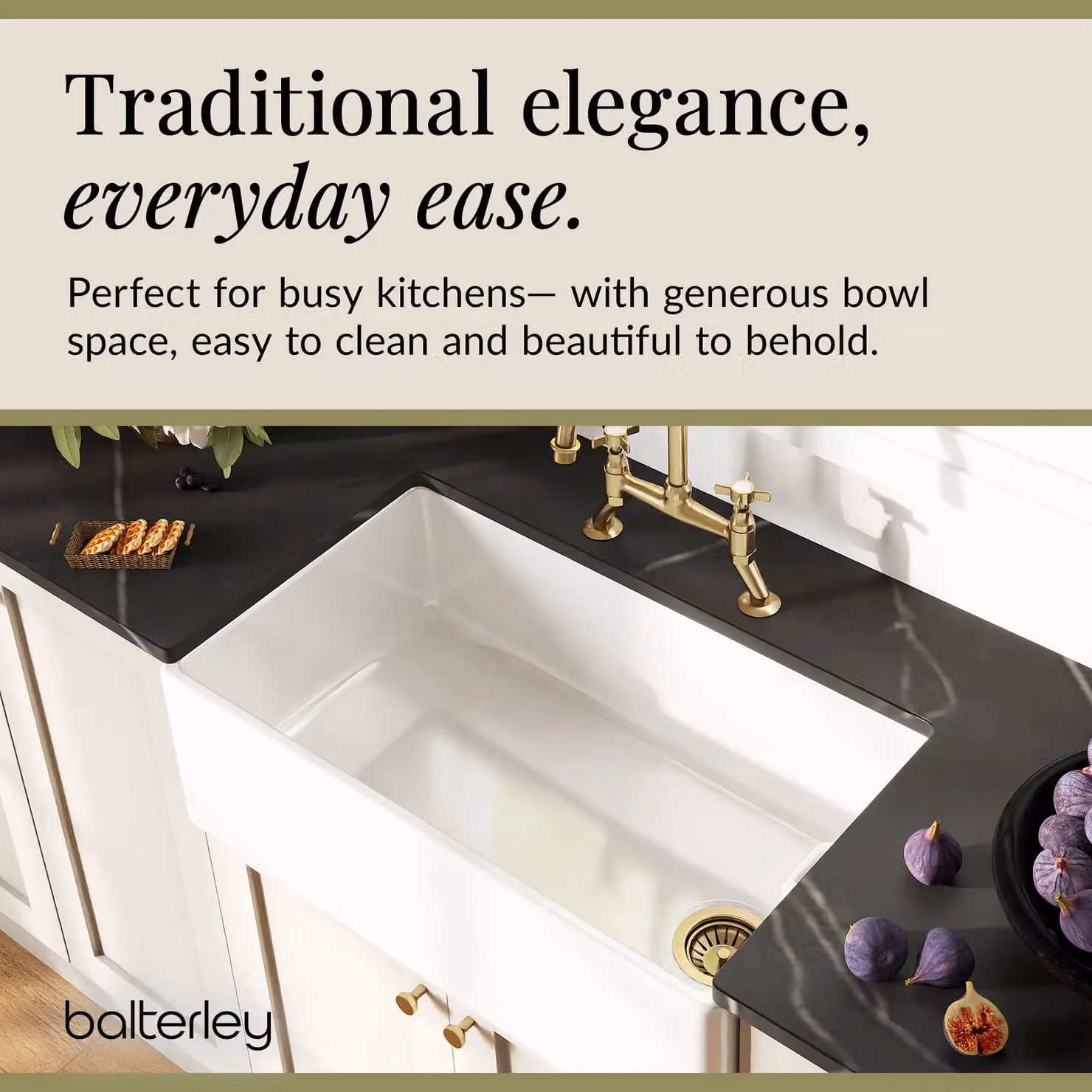 Balterley White Ceramic Single Bowl Belfast Kitchen Sink with Bridge Crosshead Mixer Tap and Waste in Brushed Brass, W: 79.5 cm, D: 45.5 cm, H: 24.5 cm – 3