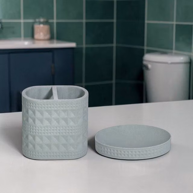 Showerdrape Maison Bathroom Accessory Set with Soap Dish and Toothbrush Holder in White, Green and Grey – 1