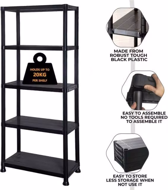 Nordara 5 Tier Black Plastic Freestanding Home Storage Shelving Unit