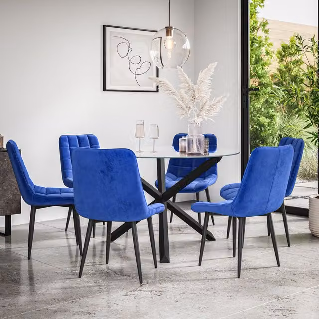 More4Homes Malvern Round Dining Table and 6 Nova Blue Velvet Dining Chairs Set with Clear Glass Top and Solid Oak Black Legs, Diameter: 120 cm, Height: 75 cm