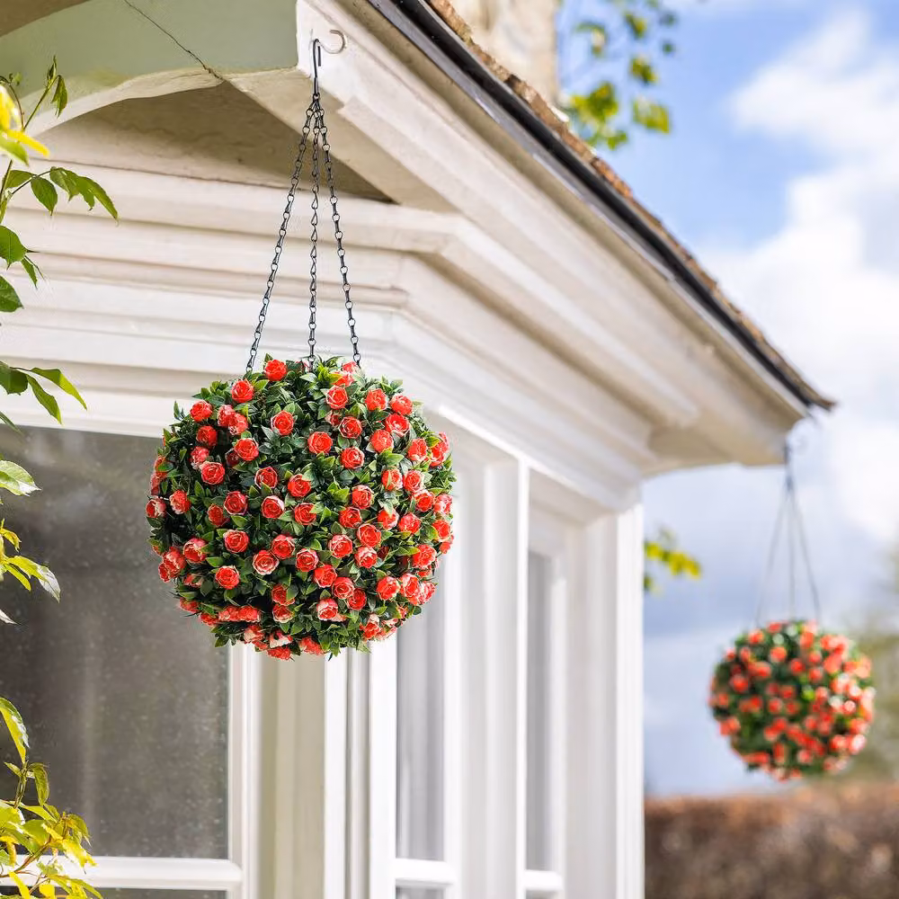 Christow Red Artificial Rose Topiary Hanging Flower Balls, 2 x Diameter: 28 cm – 2