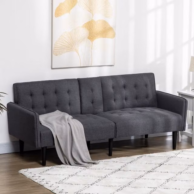 HOMCOM 3 Seater Upholstered Sofa Bed with Storage and Cupholders in Grey