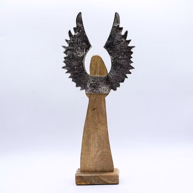 KDMK Large Mango Wood Guardian Angel with Metal Wings and Enamel Detail in Brown, Silver and Black, H: 40 cm x W: 17 cm x D: 5 cm