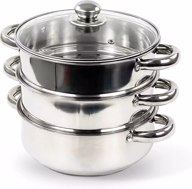 VOGREX 3 Tier Stainless Steel Multi Pot Steamer with Glass Lid, Silver