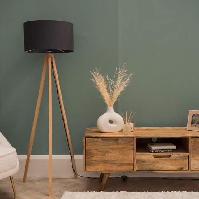 ValueLights Barbro Rustic Wooden Tripod Floor Lamp with Grey Fabric Cylinder Shade