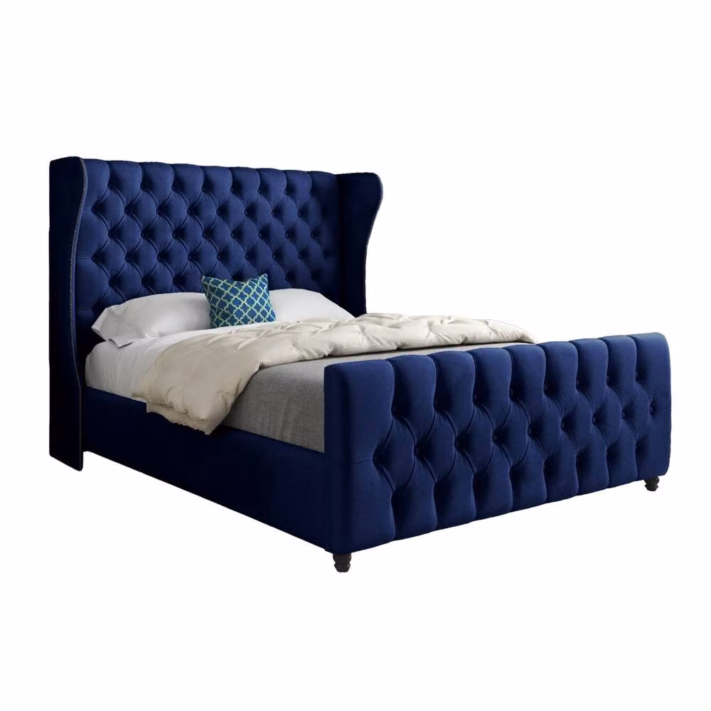 Casani Horley Double Upholstered Velvet Bed Frame in Blue, W: 140 cm, D: 200 cm, H: 137 cm – 3