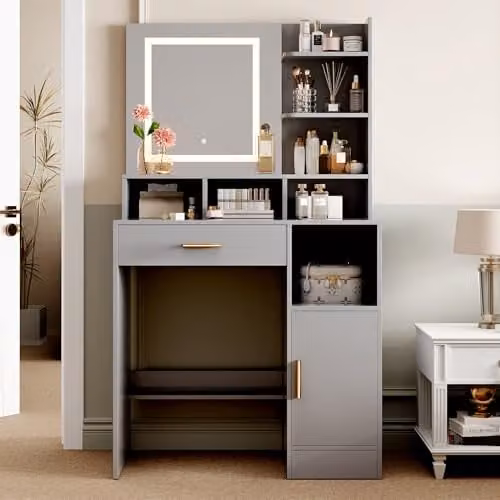 MCC Direct Truro Dressing Table with Hollywood LED Mirror and Storage in Grey, W/D/H: 140 x 40 x 80 cm