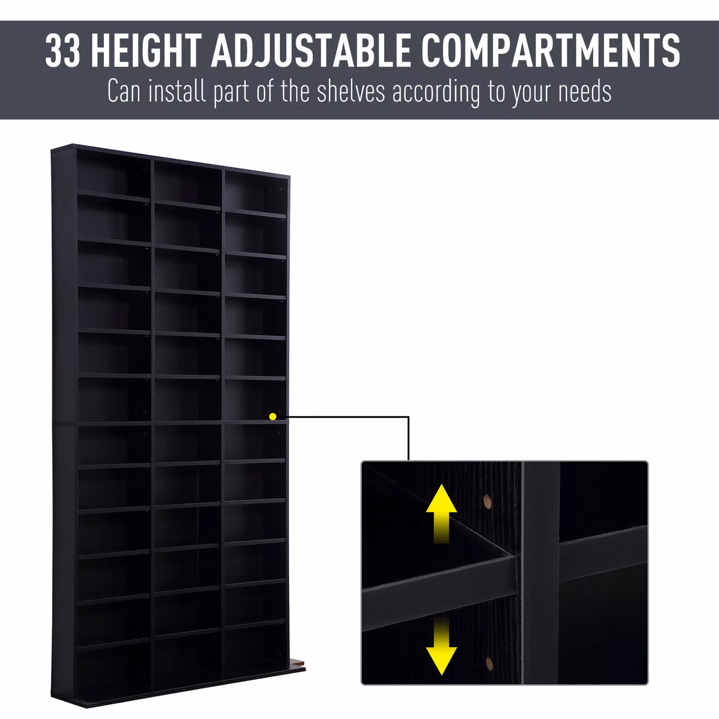 HOMCOM Black CD and DVD Storage Unit with Adjustable Shelves and Media Compartments, W/D/H: 102 x 24 x 195 cm – 4