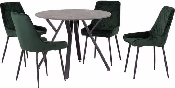 Seconique Athens Round Dining Set with 4 Avery Green Velvet Chairs and Concrete Effect Table