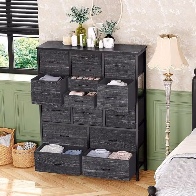 London Boutique 15 Drawer Fabric Dresser Chest of Drawers in Black