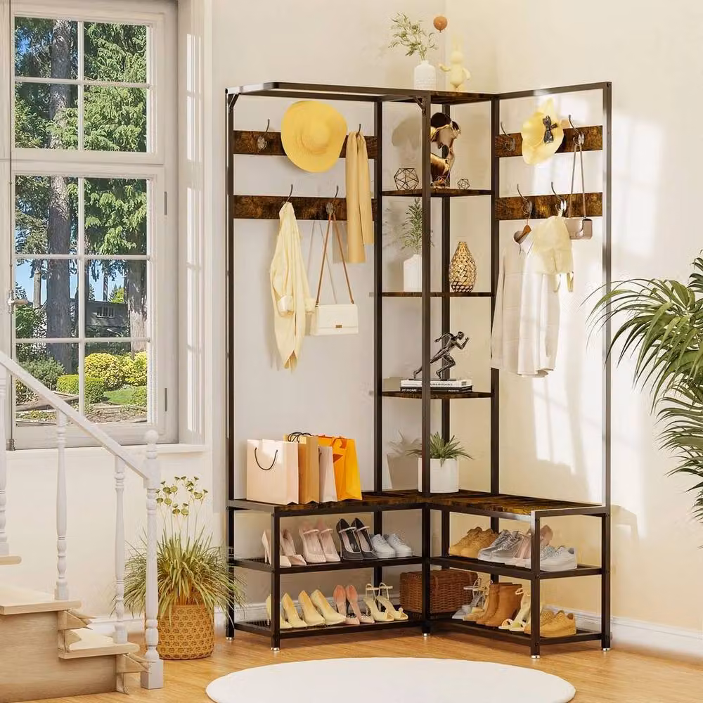SPETLEK Industrial Hall Tree with Shoe Storage Bench and Hooks in Black, H 178.5 x W 146.0 cm – 5