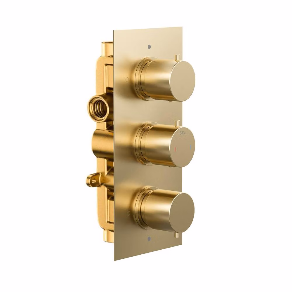 Nes Home 3 Dial 2 Way Concealed Thermostatic Shower Mixer Valve in Brushed Brass Gold, W: 29.6 cm, H: 25.3 cm – 2