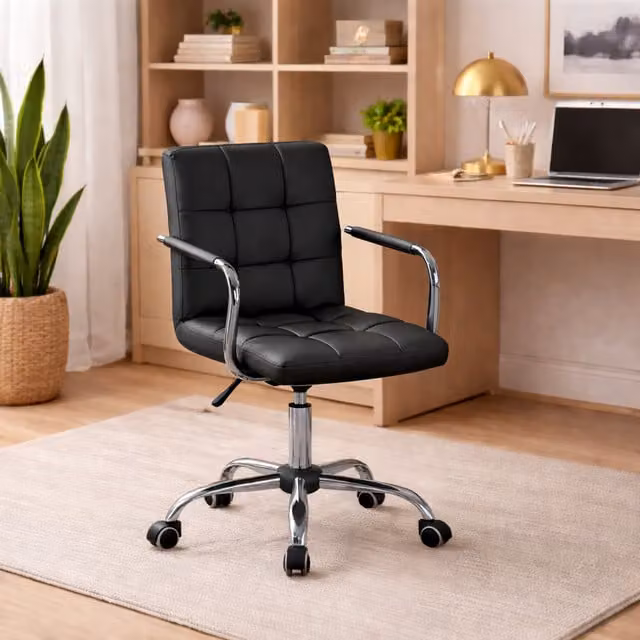 Home Treats Modern Drafting Chair in White Synthetic Leather and Black with Swivel and Castors